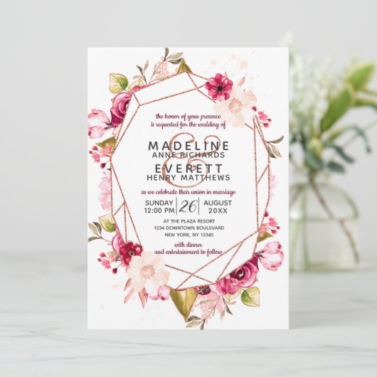 バラ金ゴールド幾何テラリウム結婚式招待状 招待状 (スタンド正面)