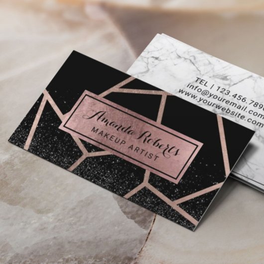 バラ金ゴールド幾何モダンブラックグリッターサロン 名刺