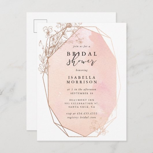 バラ金ゴールド幾何学フローラブライダルシャワー インビテーションポストカード (正面/裏面)