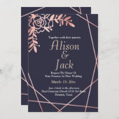 バラ金ゴールド幾何学模様ネイビー結婚ブルー 招待状 (正面/裏面)