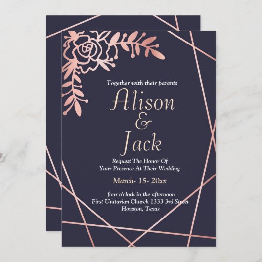 バラ金ゴールド幾何学模様ネイビー結婚ブルー 招待状 (正面/裏面)