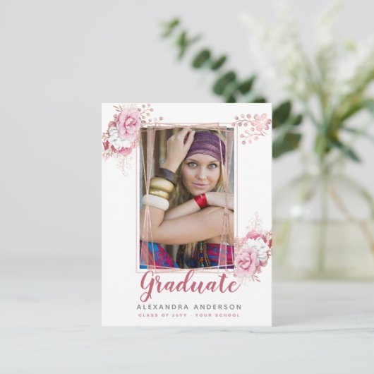 バラ金ゴールド幾何学的な写真の卒業発表 ポストカード (スタンド正面)