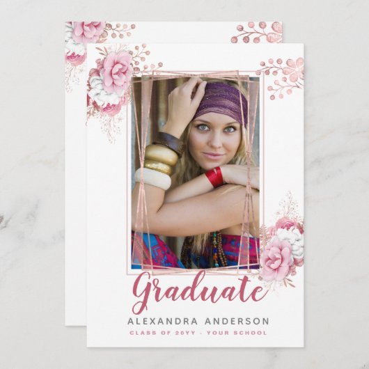 バラ金ゴールド幾何学的な写真の卒業発表 招待状 (正面/裏面)