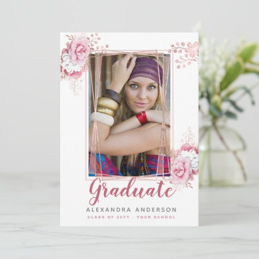 バラ金ゴールド幾何学的な写真の卒業発表 招待状 (スタンド正面)