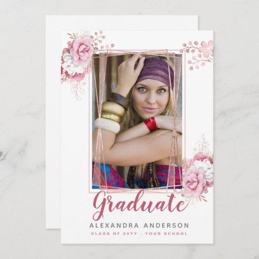 バラ金ゴールド幾何学的な写真の卒業発表 招待状 (正面/裏面)