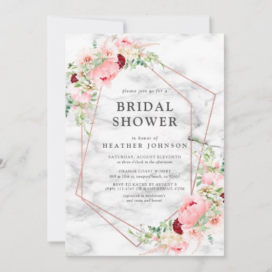 バラ金ゴールド幾何学的ピンクフローラブライダルシャワー 招待状 (正面)