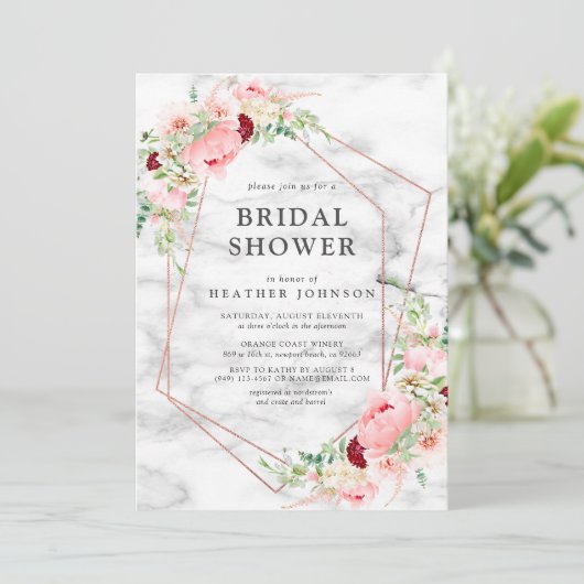 バラ金ゴールド幾何学的ピンクフローラブライダルシャワー 招待状 (スタンド正面)