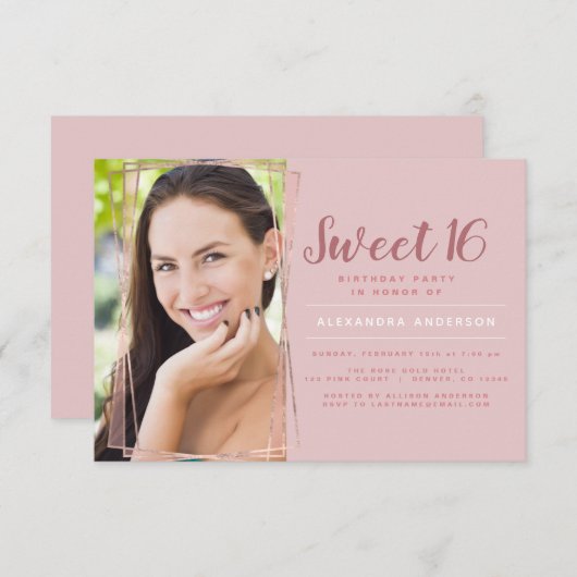バラ金ゴールド幾何学的フォトスイート16誕生日 招待状 (正面/裏面)