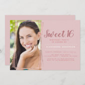 バラ金ゴールド幾何学的フォトスイート16誕生日 招待状 (正面/裏面)