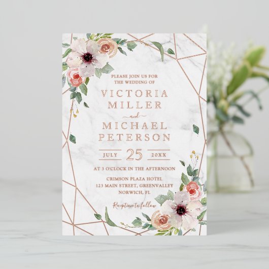 バラ金ゴールド幾何学的フローラボヘミアンピンク結婚ズ 箔招待状 (立ち正面)