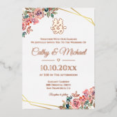 バラ金ゴールド幾何学的フローラ中国のリース結婚 箔招待状 (正面)