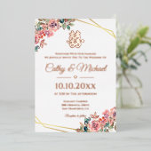 バラ金ゴールド幾何学的フローラ中国のリース結婚 箔招待状 (立ち正面)