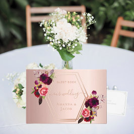 バラ金ゴールド幾何学的ブルガンディーピンク花模様結婚ズ ゲストブック