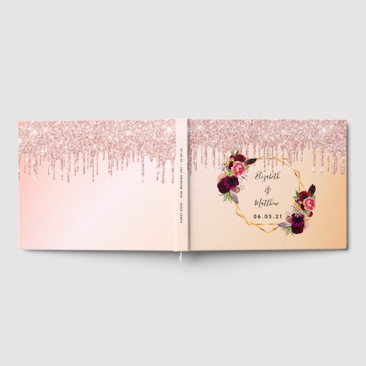 バラ金ゴールド幾何学的花模様グリッタードライ結婚プ ゲストブック (全面)