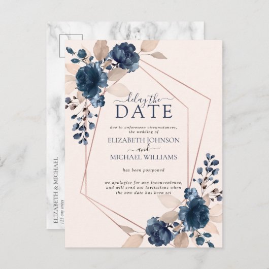 バラ金ゴールド幾何学的赤面ピンクネイビー遅延日付 案内ポストカード (正面/裏面)