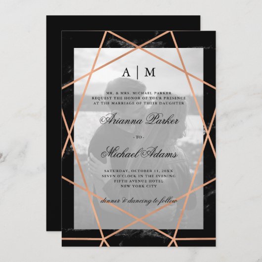 バラ金ゴールド幾何学 | 黒大理石 | 写真結婚の 招待状 (正面/裏面)