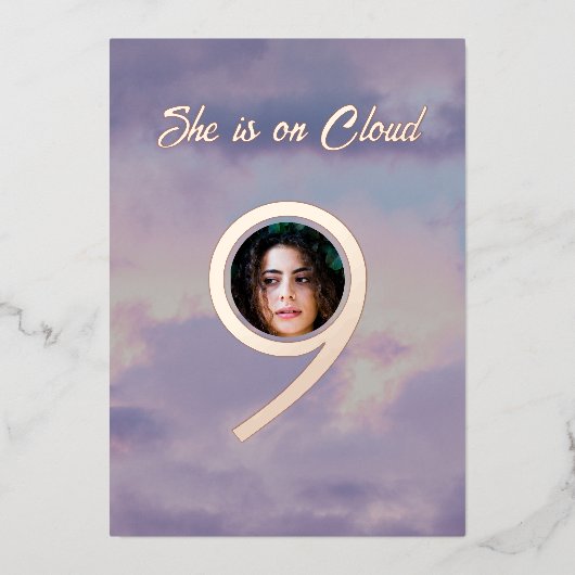 バラ金ゴールド彼女はクラウド9写真ブライダルシャワー 箔招待状 (正面)