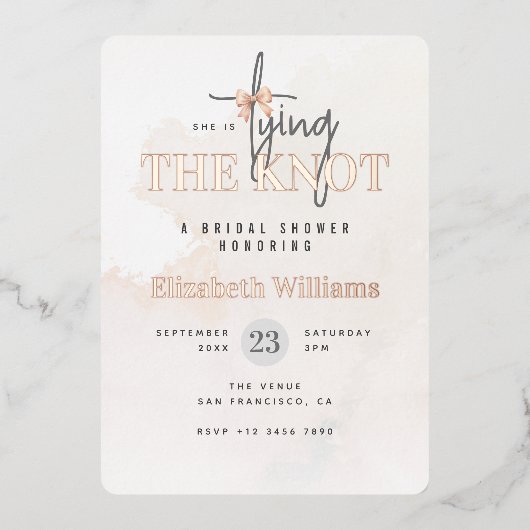 バラ金ゴールド彼女は結び目ブライダルシャワー 箔招待状 (正面)