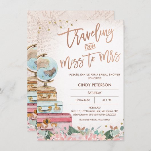 バラ金ゴールド恋しく思旅行からMrsブライダルシャワー 招待状 (正面/裏面)