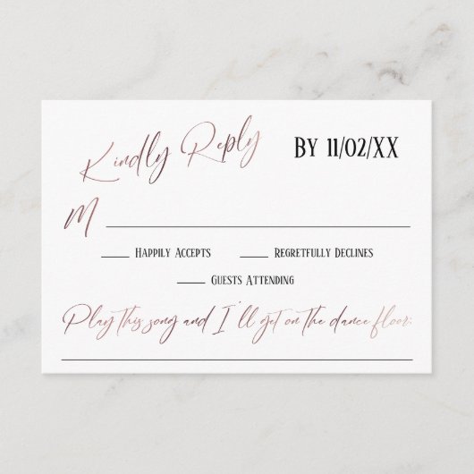 バラ金ゴールド手書きシンプル入力の曲要求RSVP エンクロージャーカード (正面)