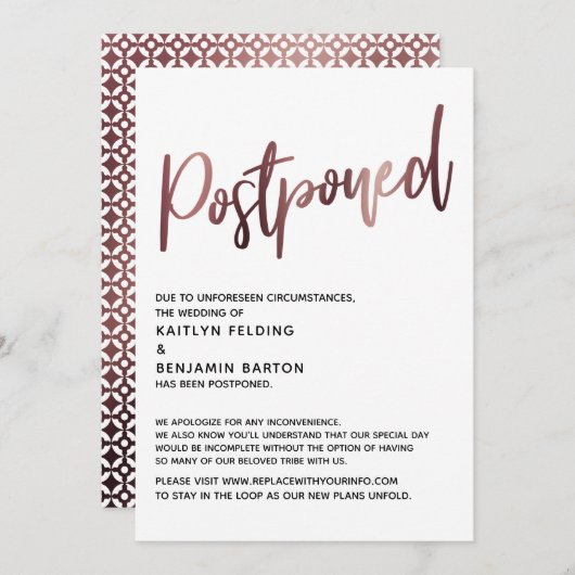 バラ金ゴールド手書き手書き結婚の延期カード 招待状 (正面/裏面)