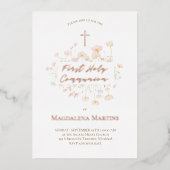 バラ金ゴールド文字ファースト聖体繊細な花 箔招待状 (正面)