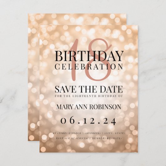 バラ金ゴールド日付18th誕生日パーティーを保存 セーブザデート (正面/裏面)