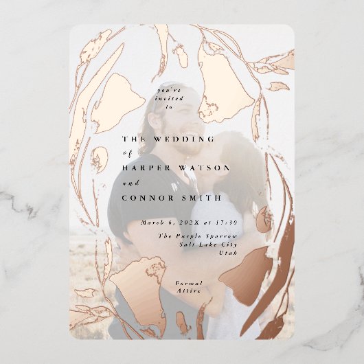 バラ金ゴールド春ボホワイルドフラワー結婚の写真 箔招待状 (正面)