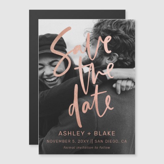 バラ金ゴールド書道フォト日付の保存 マグネット招待状 (正面/裏面)