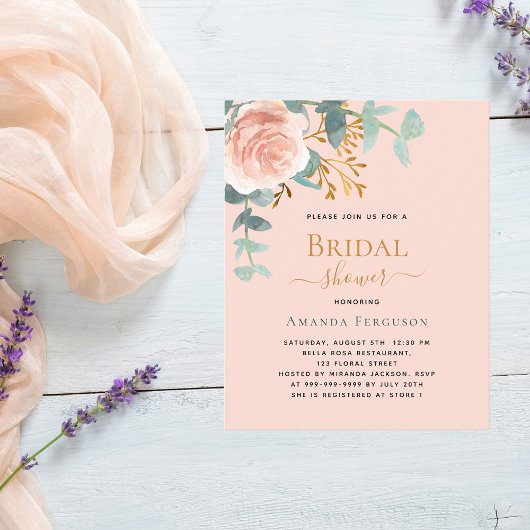 バラ金ゴールド桃バジェットブライダルシャワー招待