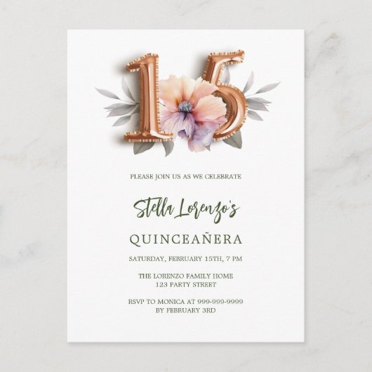 バラ金ゴールド桃フローラグリーンキンセアニェラ インビテーションポストカード (正面)