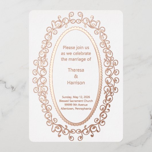 バラ金ゴールド楕円写真フレーム結婚式招待状 箔招待状 (正面)