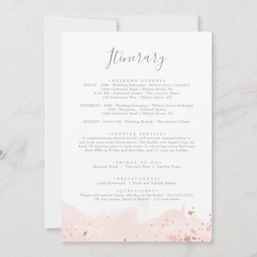 バラ金ゴールド水の色ウェルカムレター&旅程 (裏面)