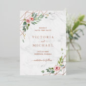 バラ金ゴールド水彩フローラピンク日付を保存 箔招待状 (立ち正面)