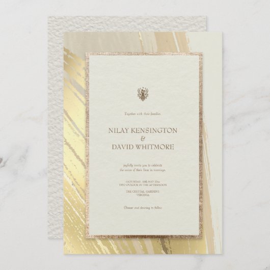 バラ金ゴールド水彩ブラシストローク結婚のインビタット 招待状 (正面/裏面)