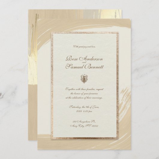 バラ金ゴールド水彩ブラシストローク結婚のインビタット 招待状 (正面/裏面)