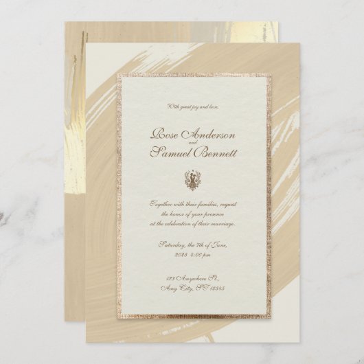 バラ金ゴールド水彩ブラシストローク結婚のインビタット 招待状 (正面/裏面)