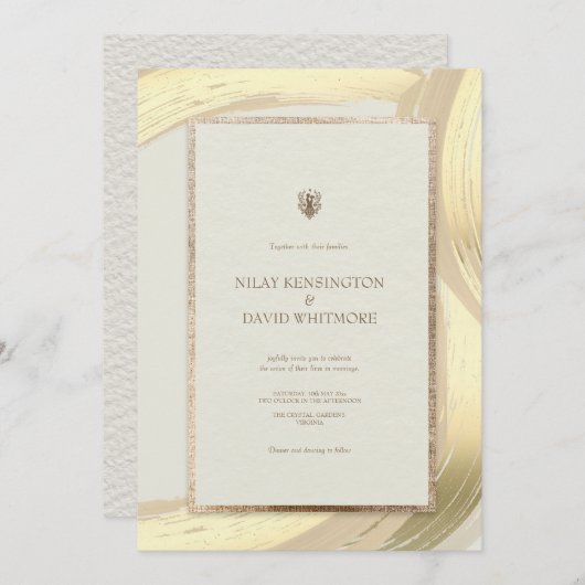 バラ金ゴールド水彩ブラシストローク結婚の 招待状 (正面/裏面)