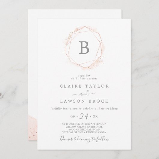 バラ金ゴールド水彩幾何モノグラム結婚ズ 招待状 (正面/裏面)