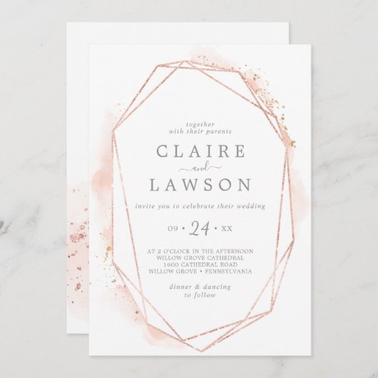 バラ金ゴールド水彩幾何結婚カジュアル色 招待状 (正面/裏面)