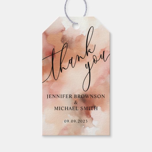 バラ金ゴールド水彩桃色結婚の贈り物 ギフトタグ (正面)