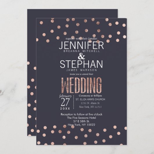 バラ金ゴールド水玉模様とネイビーブルーウェディング招待状 招待状 (正面/裏面)