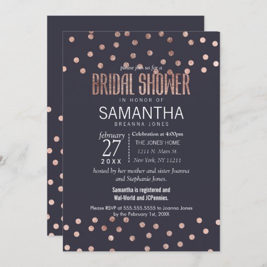 バラ金ゴールド水玉模様とネイビーブルーブライダルシャワー 招待状 (正面/裏面)