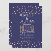 バラ金ゴールド水玉模様ライトネービーブルーズ結婚 招待状 (正面/裏面)