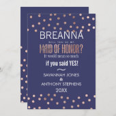 バラ金ゴールド水玉模様ライトネービーブルーメイド・オブ・オーナー(花嫁付き添い人) 招待状 (正面/裏面)