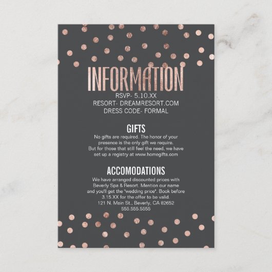 バラ金ゴールド水玉模様及びチャコールブラック結婚ズ エンクロージャーカード (正面)