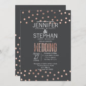 バラ金ゴールド水玉模様及びチャコールブラック結婚ズ 招待状 (正面/裏面)