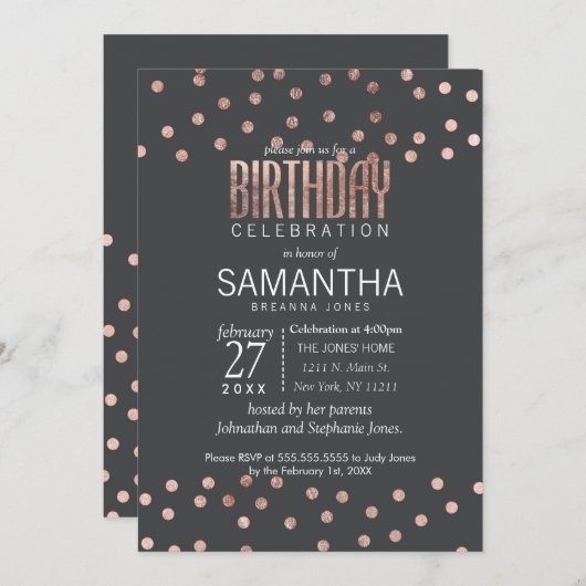 バラ金ゴールド水玉模様及びチャコールブラック誕生日 招待状 (正面/裏面)