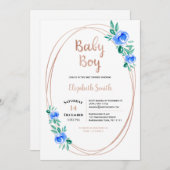 バラ金ゴールド水色バラ男の赤ちゃん 招待状 (正面/裏面)
