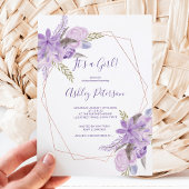 バラ金ゴールド水色パープルフローラ赤ちゃんシャワー 招待状